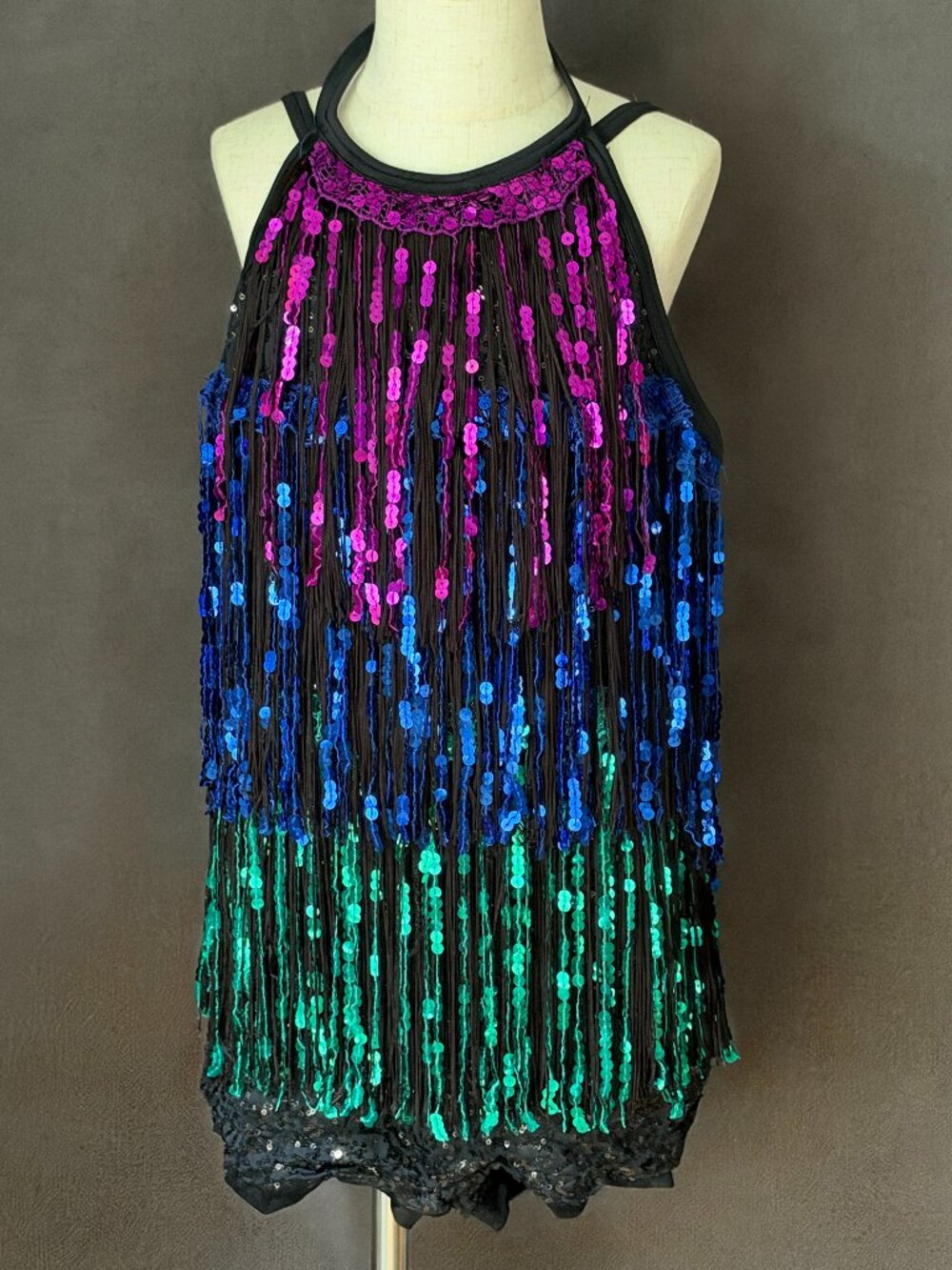 Weissman Blue Purple Green Sequin Fringe Halter Biketard Jazz Dance Costume XLC